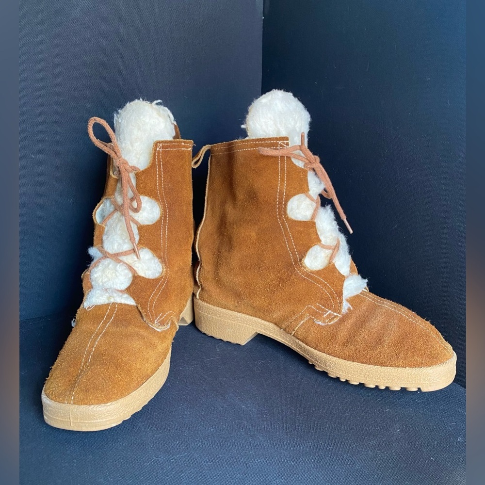 Outdoor Life Made in Italy Brown Suede Shearling Boots Vintage 70s Leather Boho - Picture 4 of 8